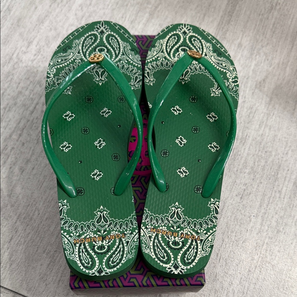 Tory Burch Green Americana bandanna Sandals